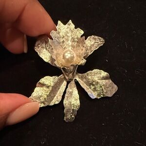 Silver Floral Brooch with Pearl Accent